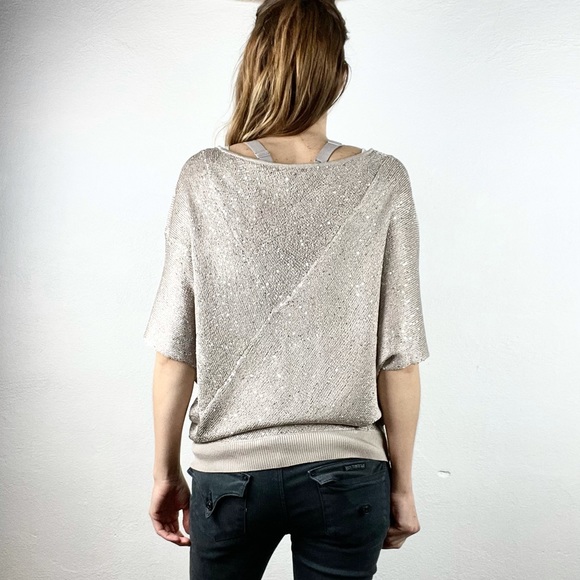 ALFANI | Champagne Sparkly Sequined Loose Dolman Batwing Shrug Sweater - Picture 5 of 10
